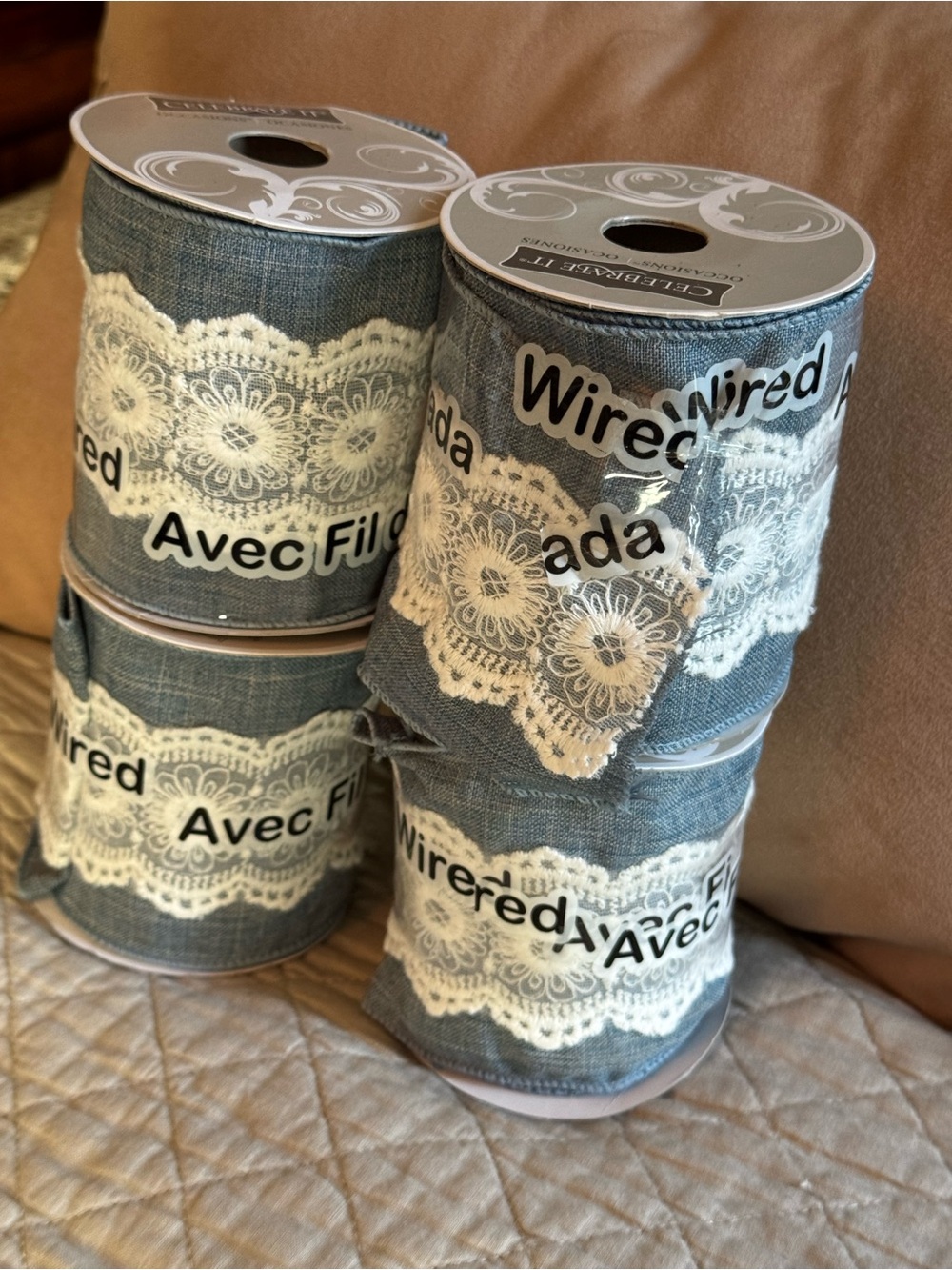 Celebrate It Wired Denim & White Lace Ribbon - Lot of 4 Rolls New